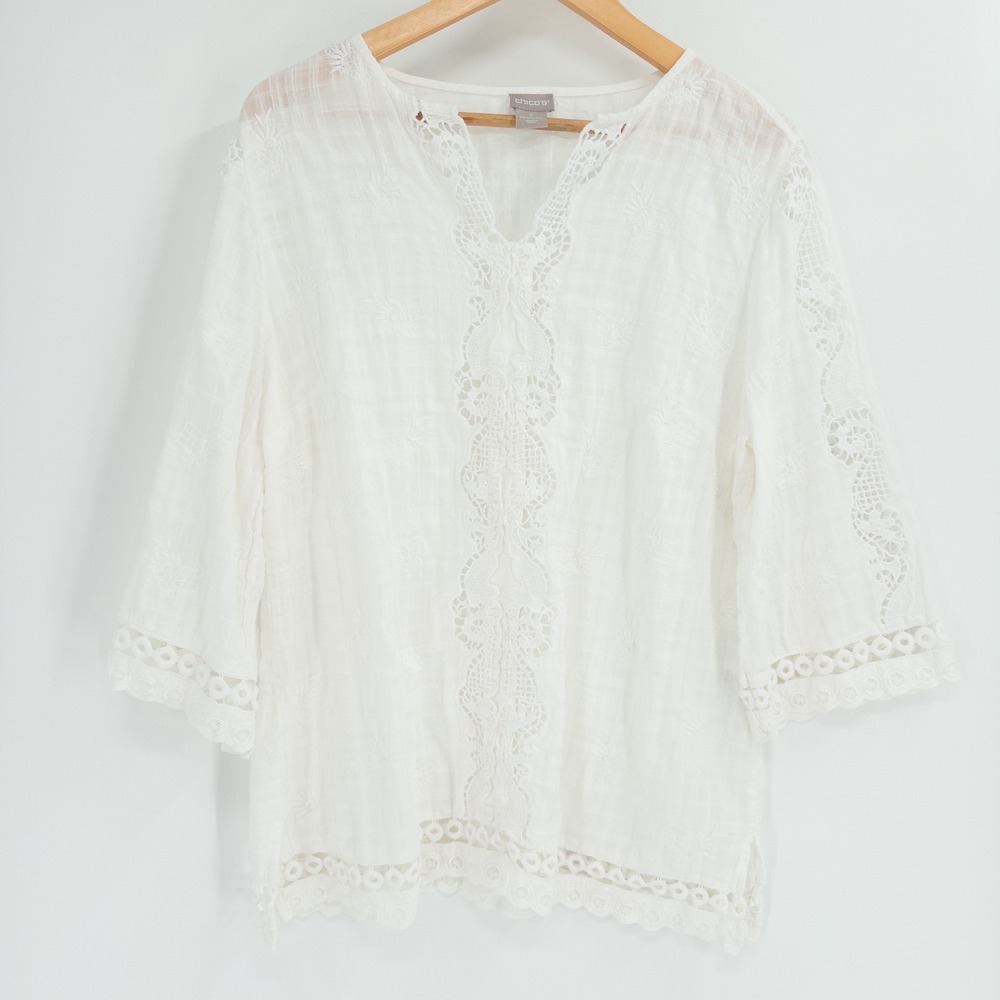Chicos Lace Blouse Women Size 2 L White Cotton Boho Coastal Romantic Coverup